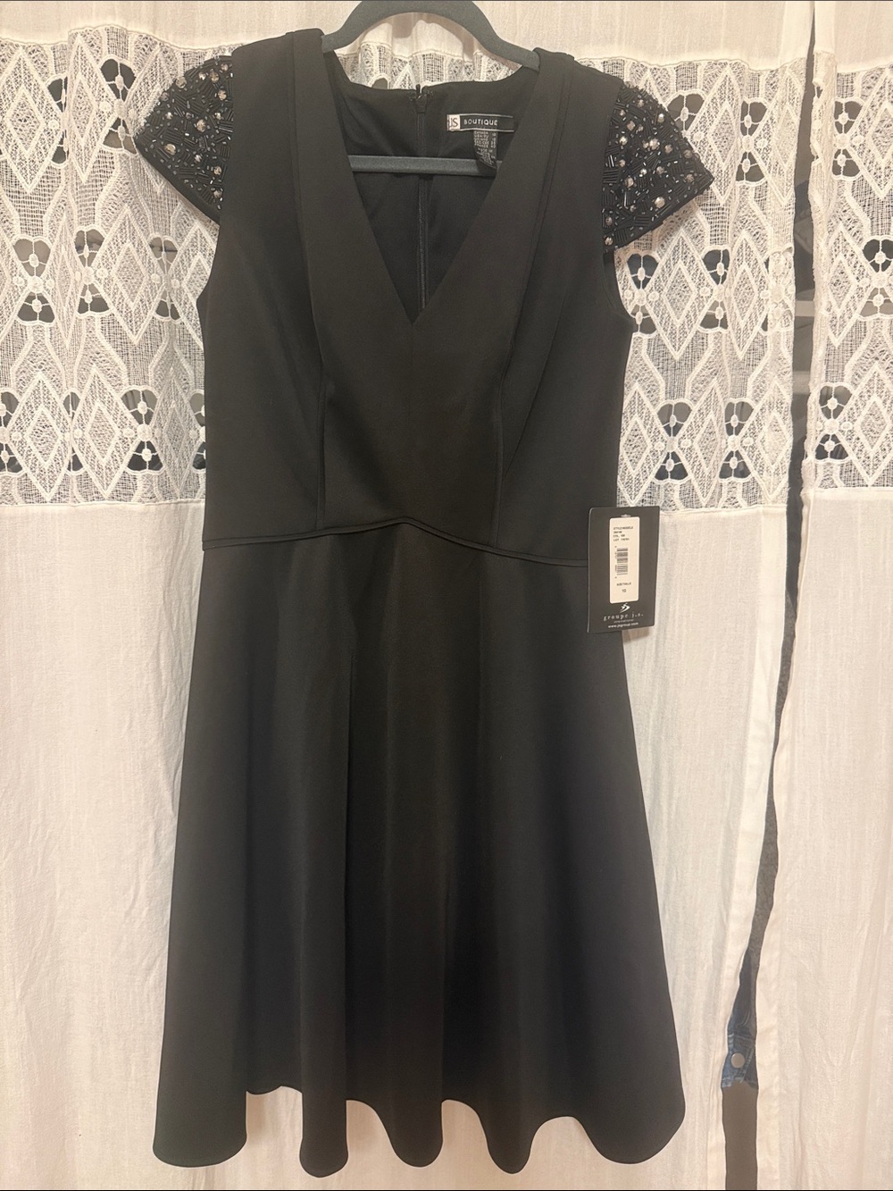 JS Boutique Black V‑Neck Fit-and-Flare Dress with Beaded Cap Sleeves